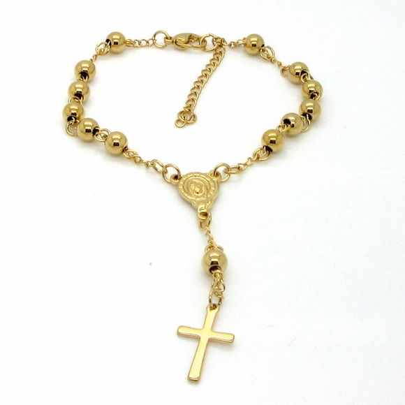 Stainless Steel Cross Pendant Bead Bracelet - Picture 2 of 6